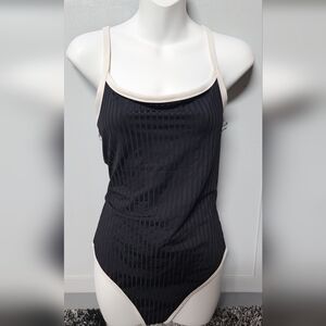 Aerie Long/Tall Black Ribbed Swimsuit  with Cream Trim